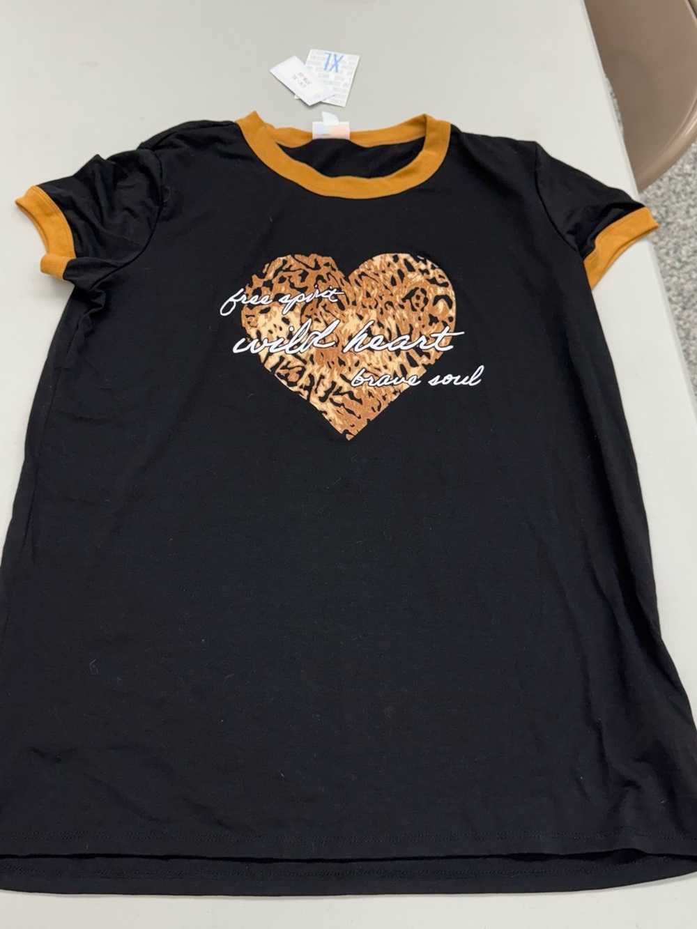 LuLaRoe Black Liv Tee with Mustard Ringers and Leopard Heart Top Shirt